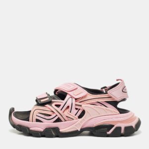 Balenciaga Pink/Black Rubber and Faux Leather Track Sandals Size 36
