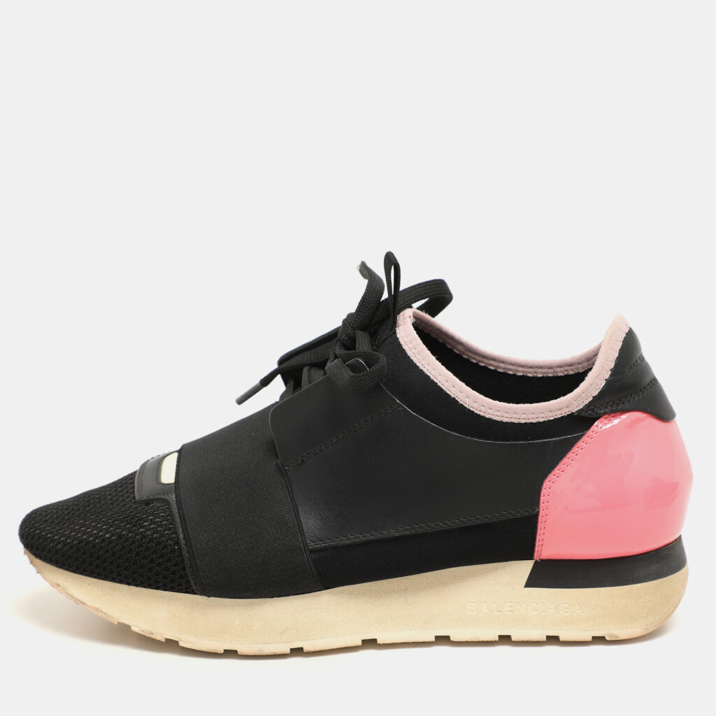 luxury-women-balenciaga-used-shoes-p1158278-002 Balenciaga Black Leather and Mesh Race Runner Low Top Sneakers Size 36