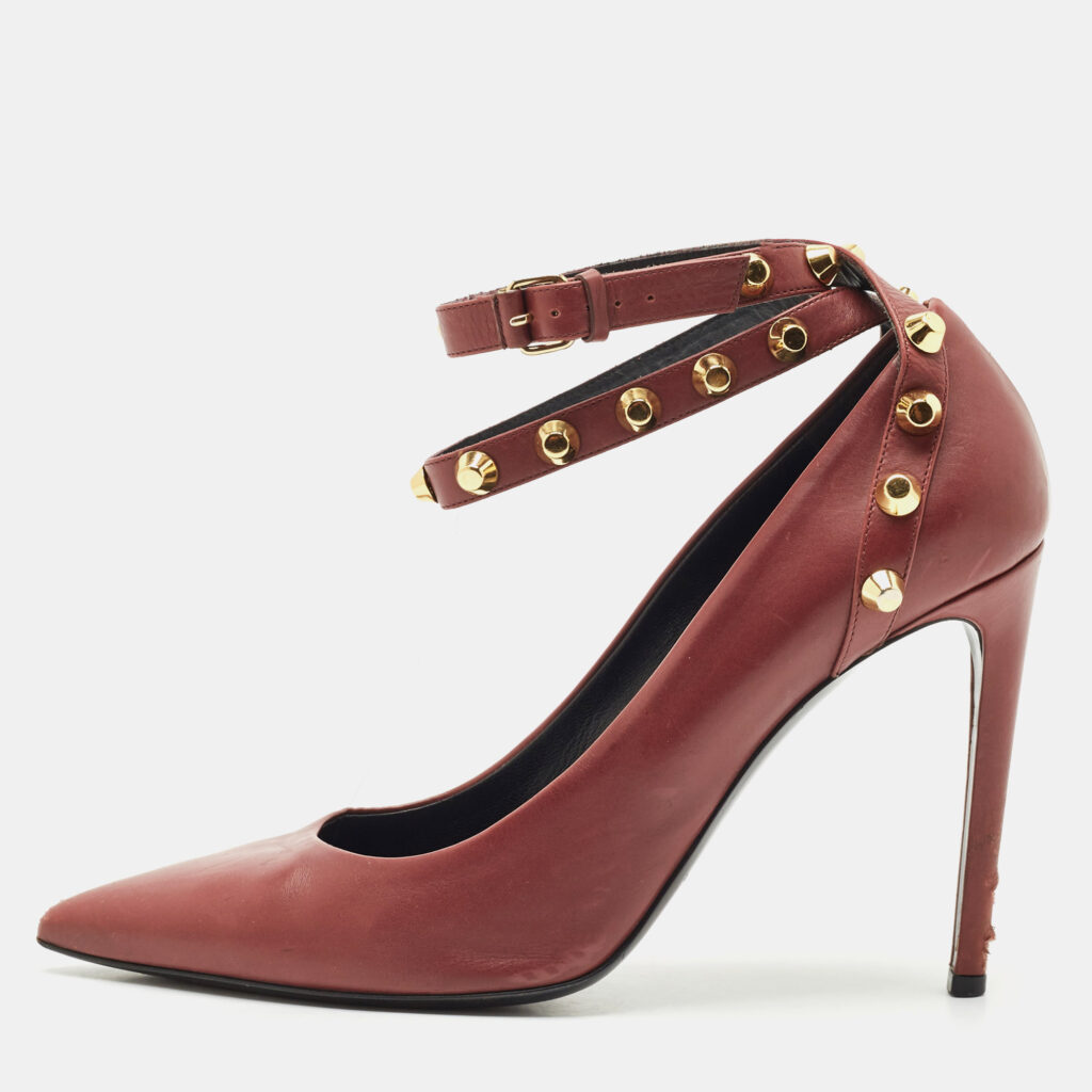 luxury-women-balenciaga-used-shoes-p1160139-009 Balenciaga Burgundy Leather Studded Pointed Toe Ankle Wrap Pumps Size 40