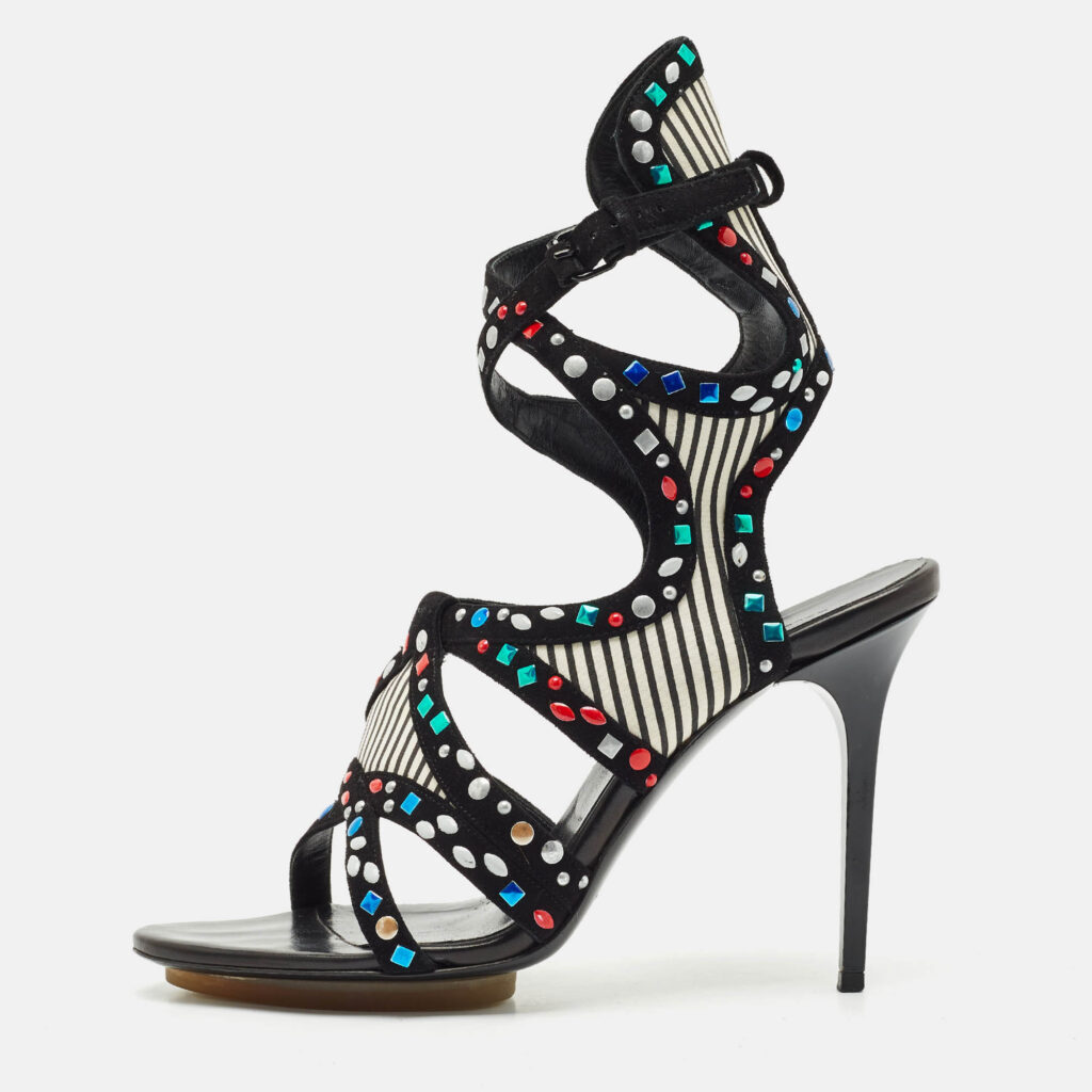 luxury-women-balenciaga-used-shoes-p1162754-010 Balenciaga Multicolor Suede and Leather Cutout Ankle Wrap Sandals Size 40
