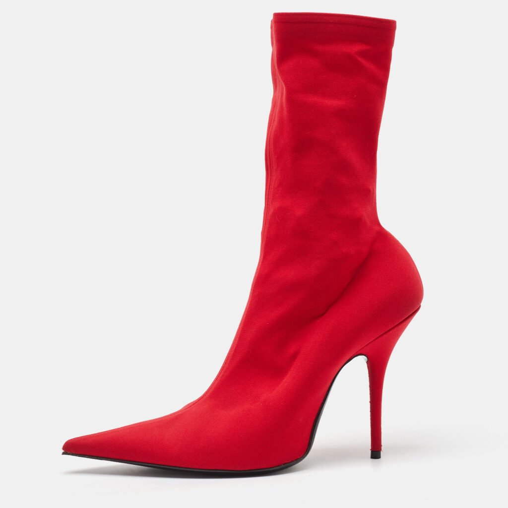 luxury-women-balenciaga-used-shoes-p1163447-008 Balenciaga Red Stretch Fabric Knife Pointed Toe Sock Mid Calf Boots Size 39