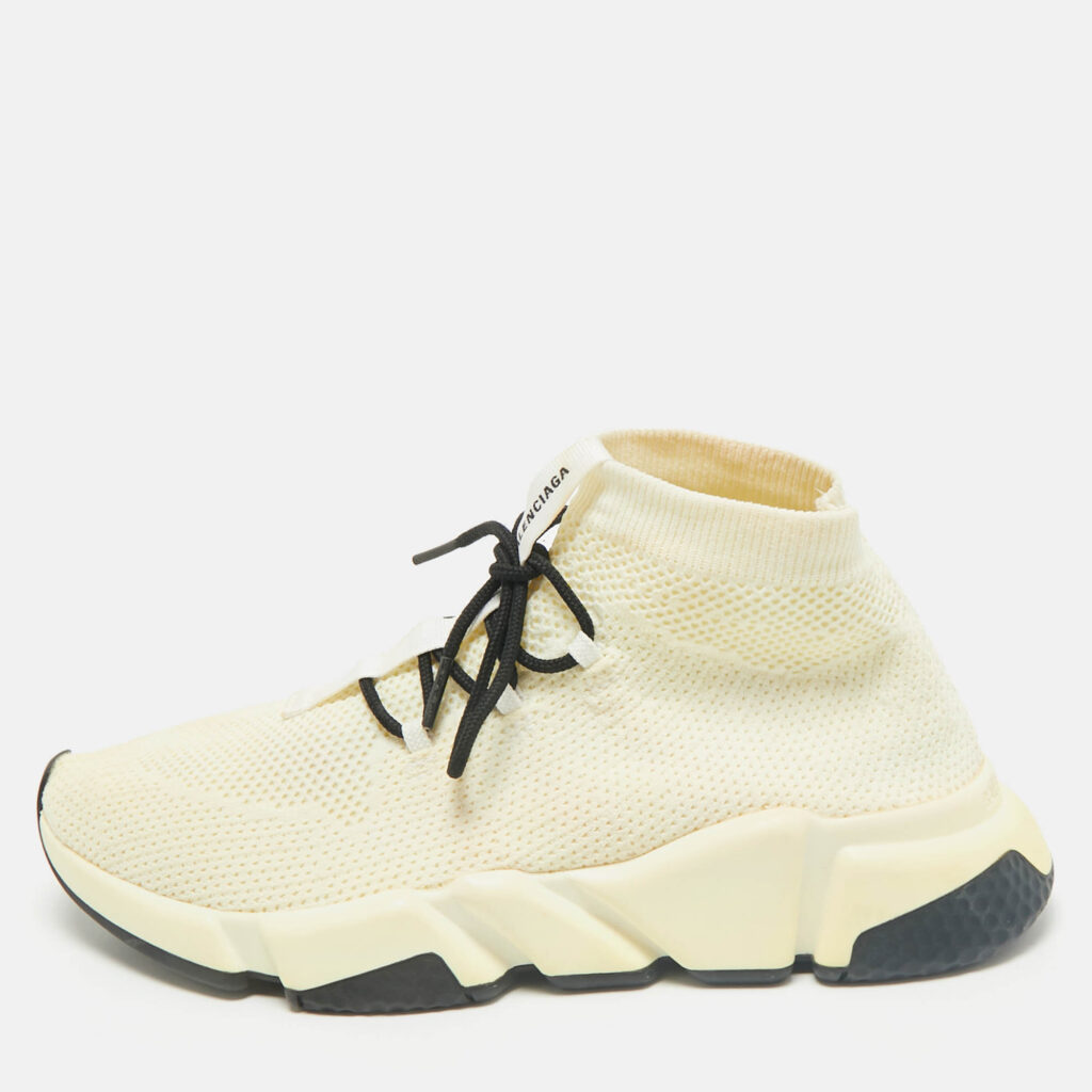 luxury-women-balenciaga-used-shoes-p1166538-010 Balenciaga Cream Knit Fabric Speed Sock Lace Up Sneakers Size 39