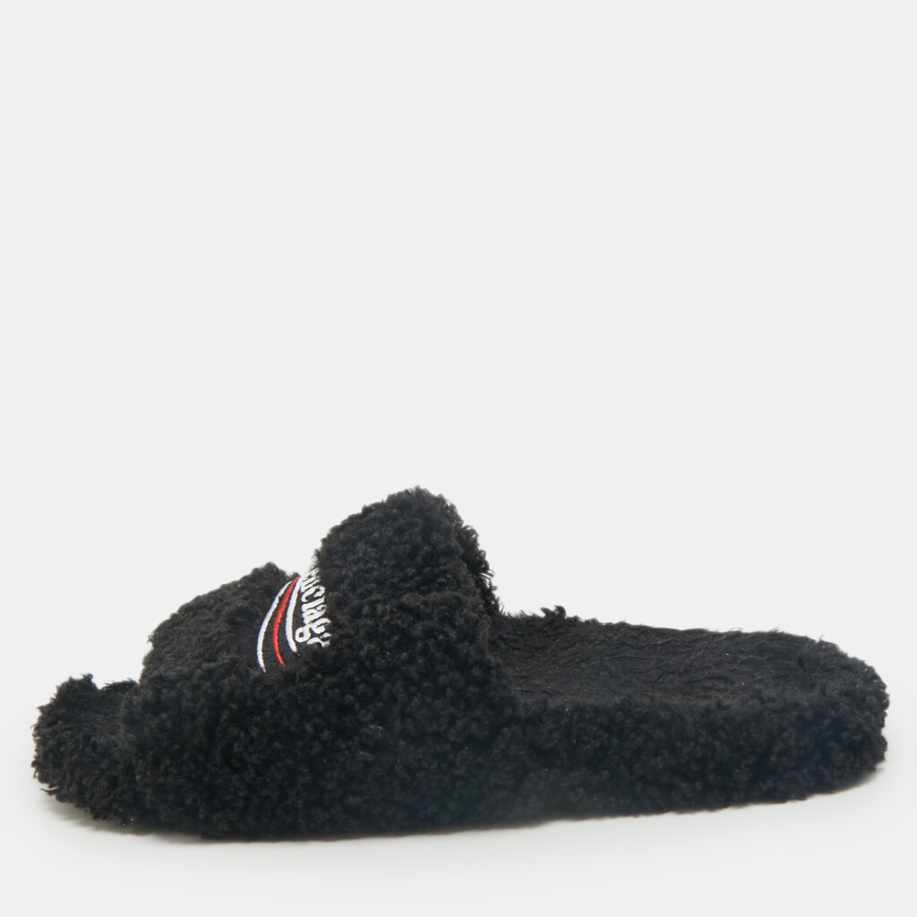 luxury-women-balenciaga-used-shoes-p1167264-001 Balenciaga Black Faux Shearling Fur Furry Slide Sandals Size 42