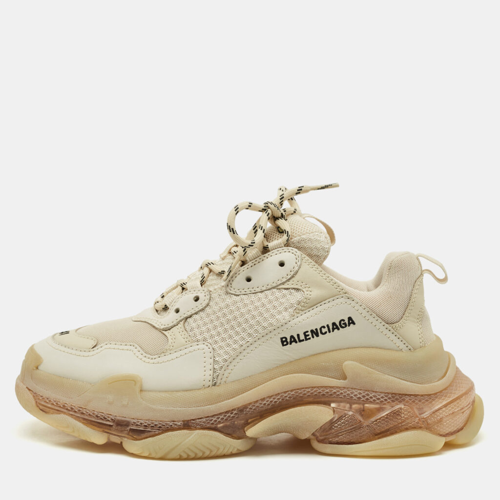luxury-women-balenciaga-used-shoes-p1168180-001 Balenciaga Beige Leather and Mesh Triple S Clear Sole Sneakers Size 41