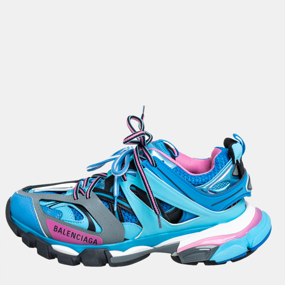 Balenciaga Blue Faux Leather And Mesh Track Sneakers Size 38