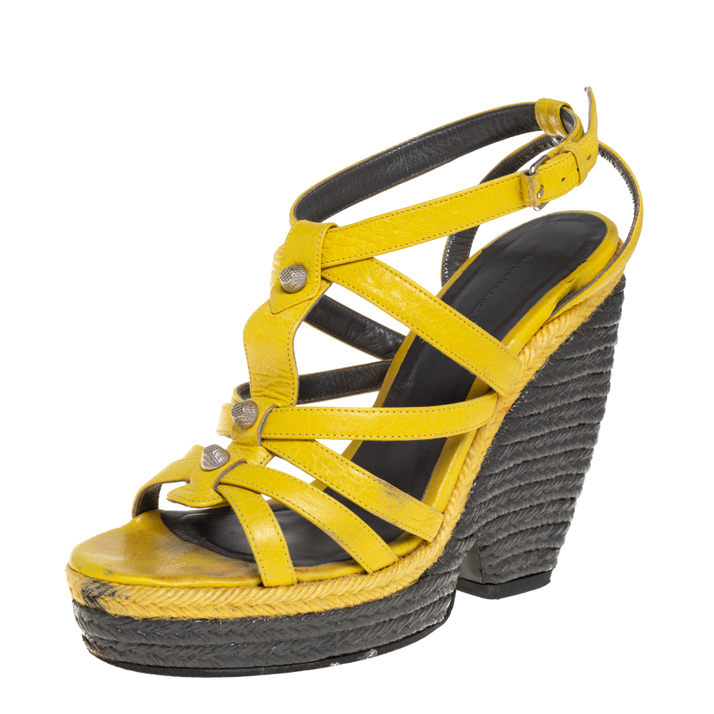 luxury-women-balenciaga-used-shoes-p427272-006 Balenciaga Yellow Leather Wedge Ankle Strap Sandals Size 38