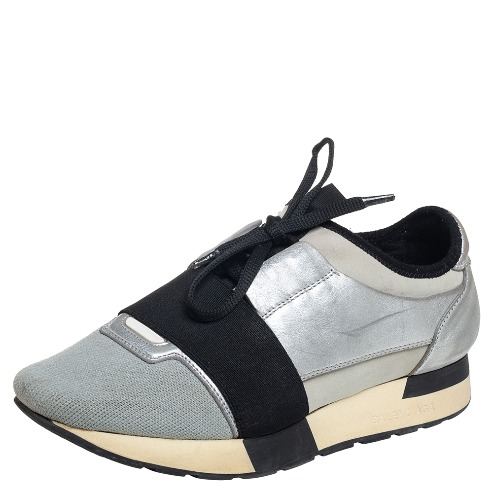 luxury-women-balenciaga-used-shoes-p433822-003 Balenciaga Grey/Silver Leather And Knit Fabric Race Runner Sneakers Size 38