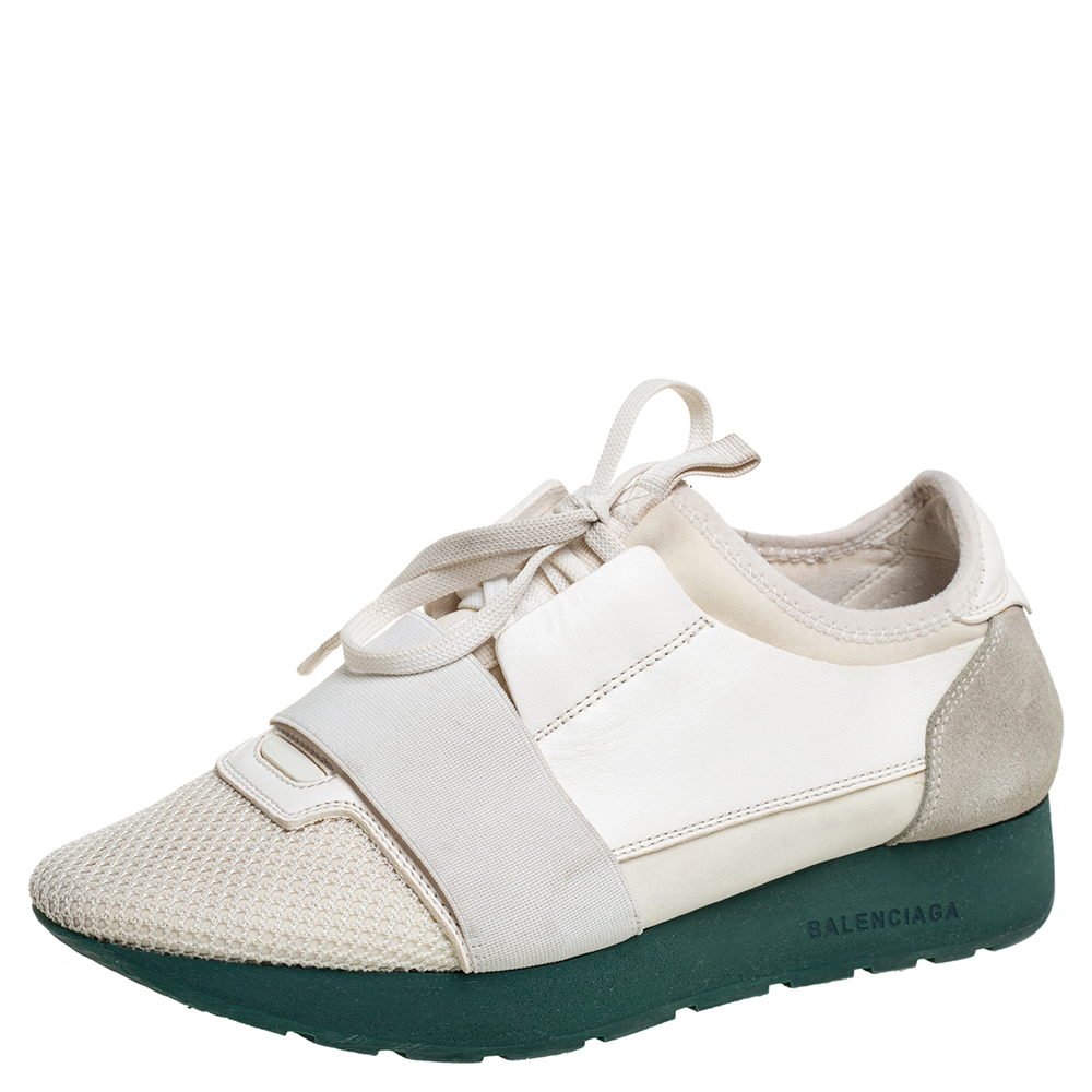 luxury-women-balenciaga-used-shoes-p444889-002 Balenciaga White Mesh And Leather Race Runner Low Top Sneakers Size 37