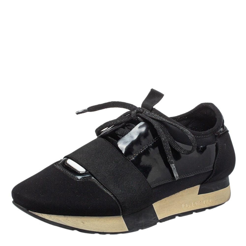 luxury-women-balenciaga-used-shoes-p446096-002 Balenciaga Black Patent Leather And Neoprene Race Runner Low Top Sneakers Size 38