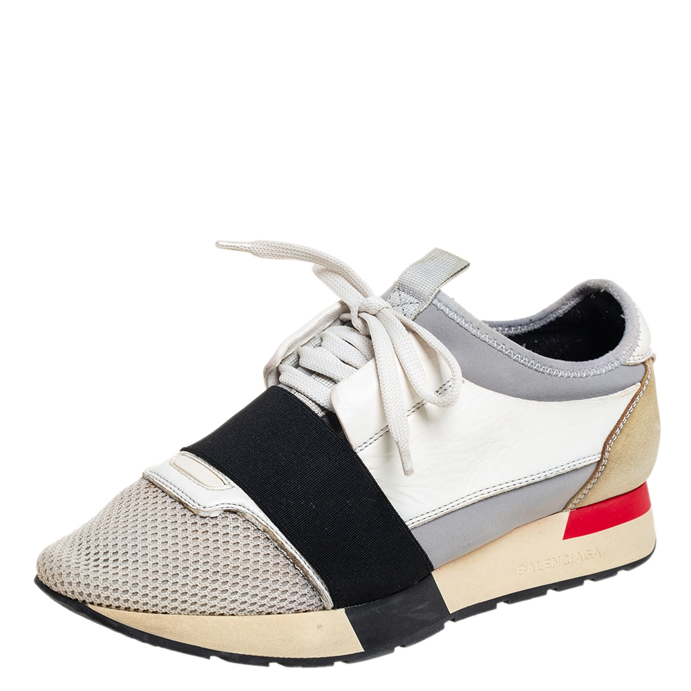 luxury-women-balenciaga-used-shoes-p446105-008 Balenciaga Multicolor Mesh And Leather Race Runner Low Top Sneakers Size 38