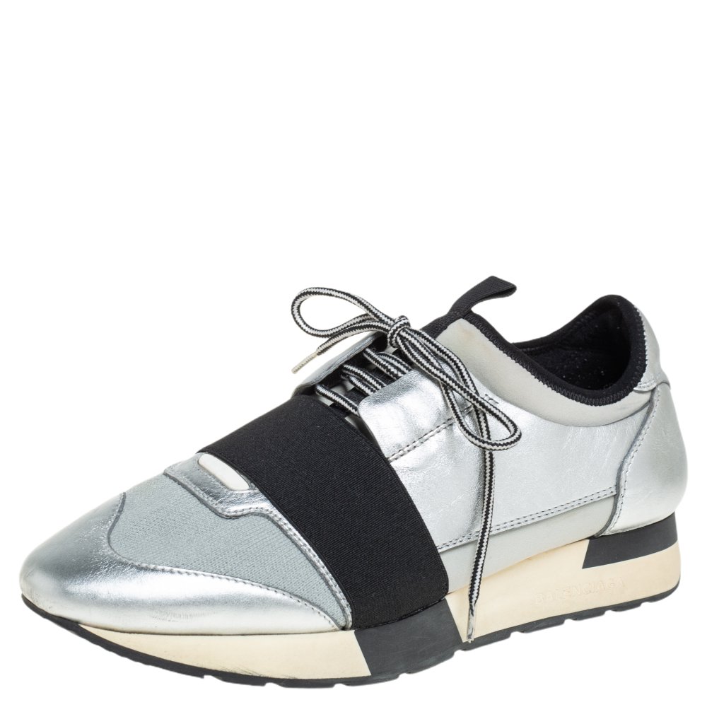 luxury-women-balenciaga-used-shoes-p461358-008 Balenciaga Silver Leather And Knit Fabric Race Runner Low Top Sneakers Size 38