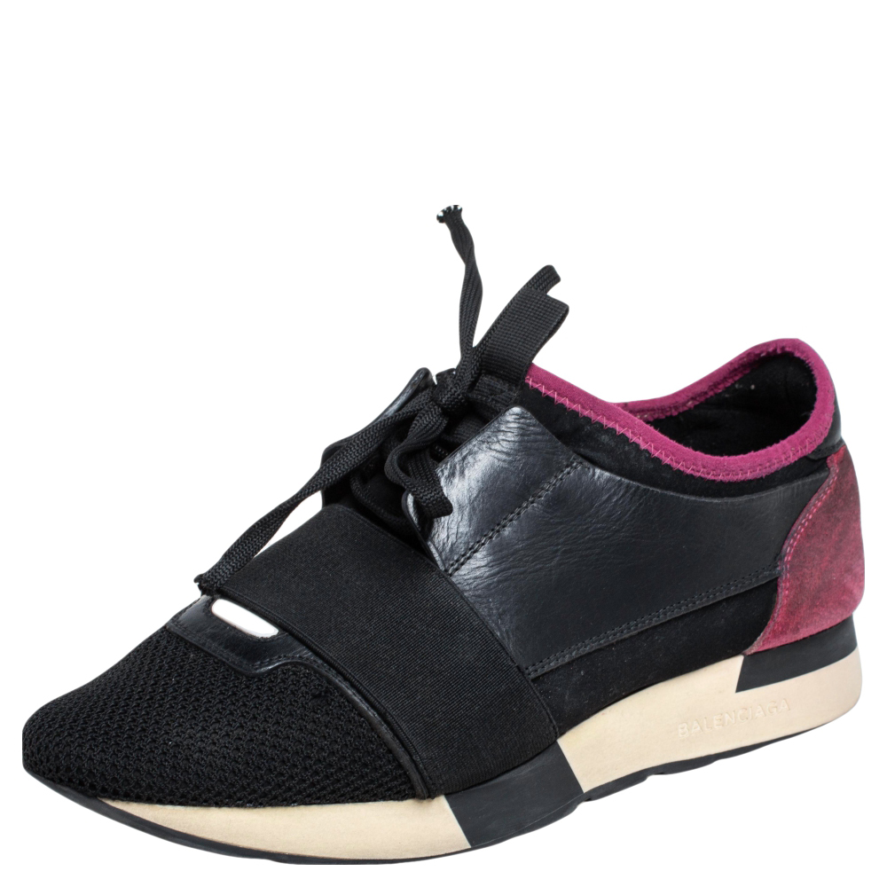 luxury-women-balenciaga-used-shoes-p485210-007 Balenciaga Black/Pink Leather And Mesh Race Runner Sneakers Size 38