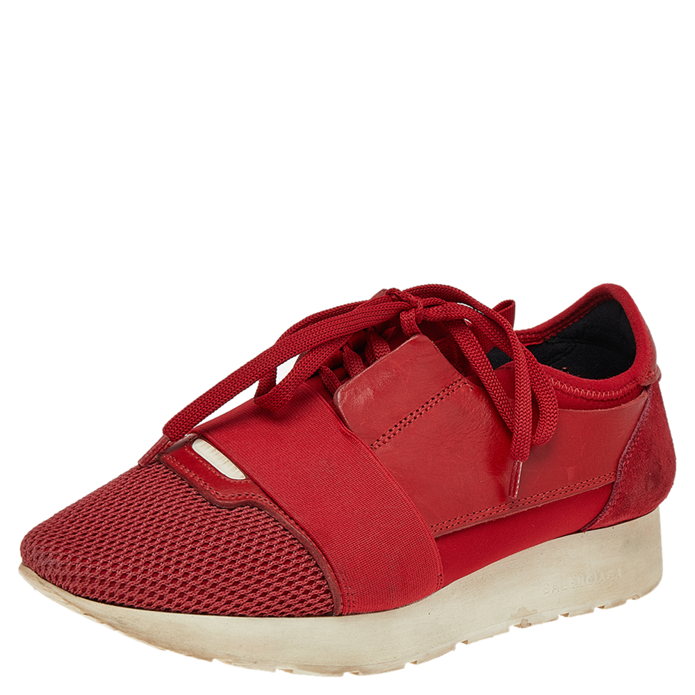luxury-women-balenciaga-used-shoes-p497196-002 Balenciaga Red Mesh,Leather and Suede Race Runner Low Top Sneakers Size 38