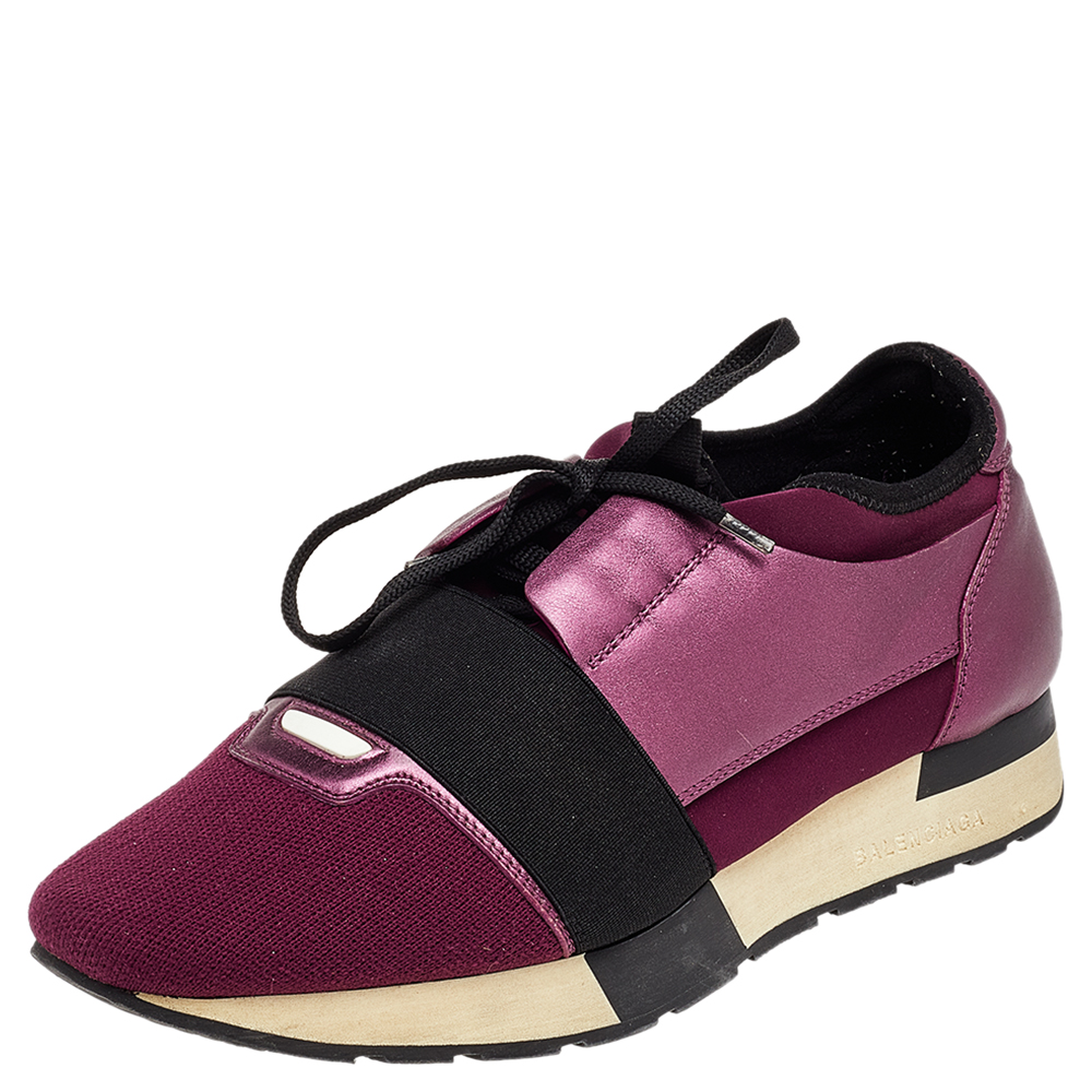 luxury-women-balenciaga-used-shoes-p499819-004 Balenciaga Burgundy/Purple Leather And Canvas Race Runner Sneakers Size 40