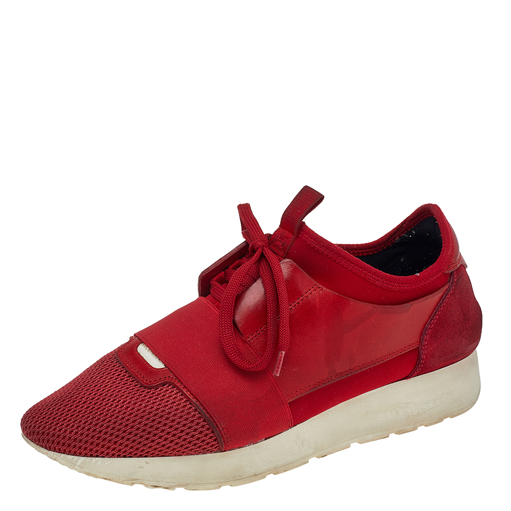 luxury-women-balenciaga-used-shoes-p509294-002 Balenciaga Red Mesh And Leather Race Runner Low Top Sneakers Size 39
