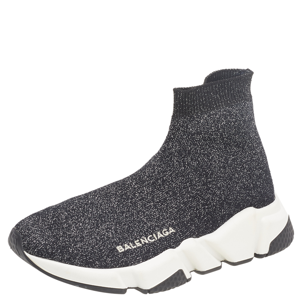 luxury-women-balenciaga-used-shoes-p517178-004-1 Balenciaga Black/Silver Glitter Knit Fabric Speed Trainer Sneakers Size 35