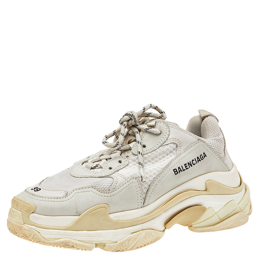 luxury-women-balenciaga-used-shoes-p541059-008-2 Balenciaga Grey/Beige Leather and Mesh Triple S Sneakers Size 39