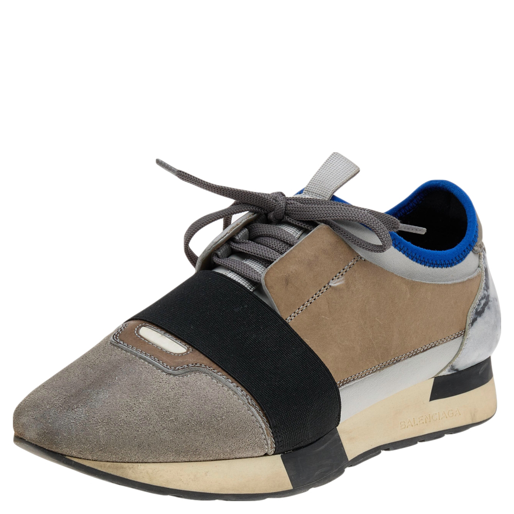 luxury-women-balenciaga-used-shoes-p565316-007-2 Balenciaga Grey Leather And Suede Race Runner Low Top Sneakers Size 39