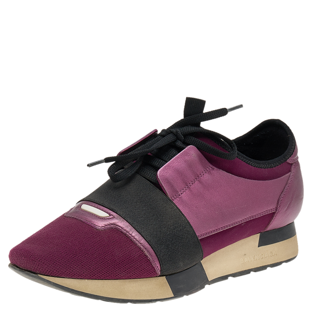 luxury-women-balenciaga-used-shoes-p569297-001-1 Balenciaga Purple/Black Neoprene And Leather Race Runner Sneakers Size 39
