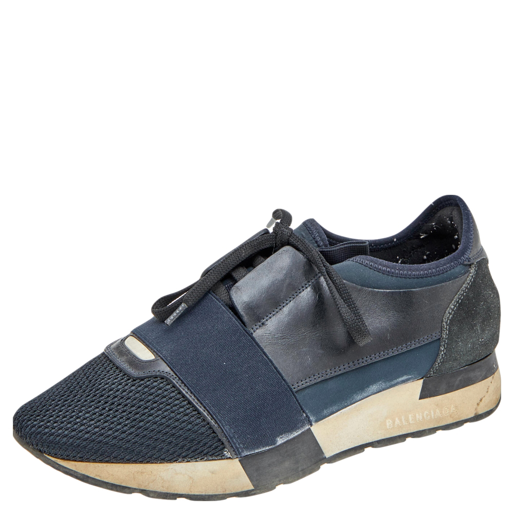 luxury-women-balenciaga-used-shoes-p580777-002-2 Balenciaga Black/Blue Leather And Mesh Race Runner Sneakers Size 38