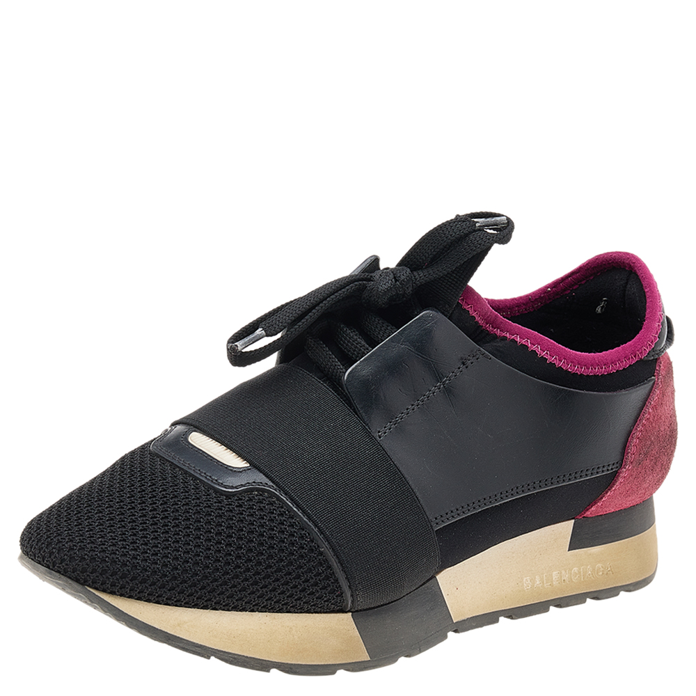 luxury-women-balenciaga-used-shoes-p581891-001-2 Balenciaga Black/Fuchsia Leather And Mesh Race Runner Sneakers Size 37