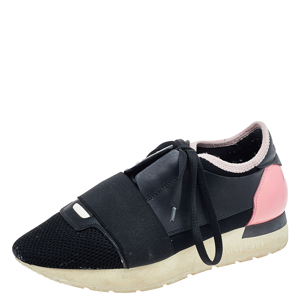 luxury-women-balenciaga-used-shoes-p592475-004 Balenciaga Black/Pink Leather And Mesh Race Runner Sneakers Size 35