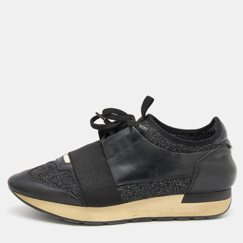 luxury-women-balenciaga-used-shoes-p723577-008 Balenciaga Black Leather and Fabric Race Runner Low Top Sneakers Size 39