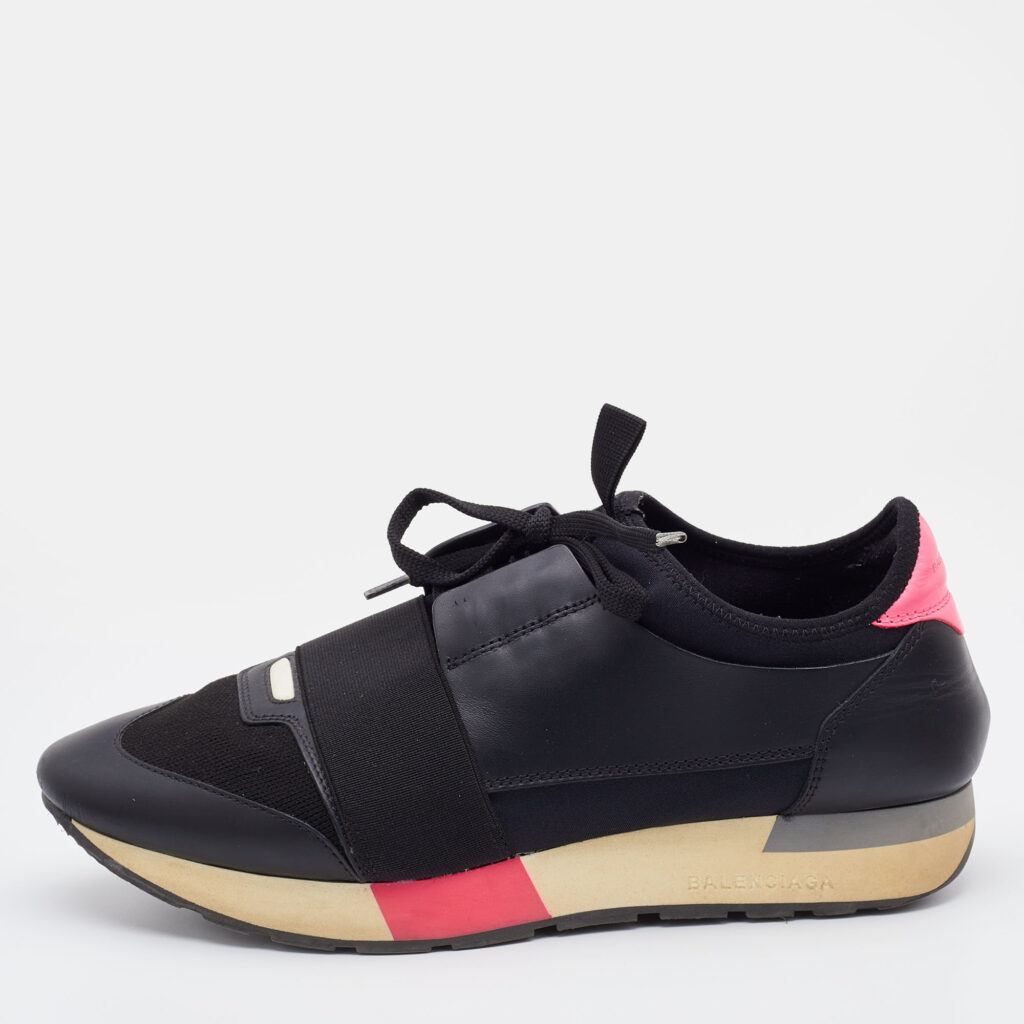 luxury-women-balenciaga-used-shoes-p725311-007 Balenciaga Black Leather and Knit Fabric Race Runner Sneakers Size 40