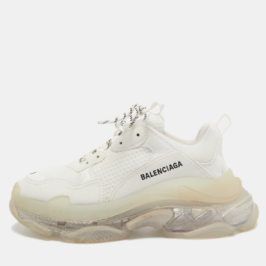 luxury-women-balenciaga-used-shoes-p744179-001 Balenciaga White Faux Leather and Mesh Triple S Sneakers Size 39