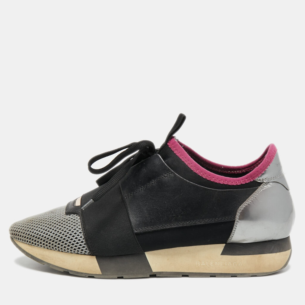 luxury-women-balenciaga-used-shoes-p758778-001 Balenciaga Tricolor Leather and Mesh Race Runner Sneakers Size 38