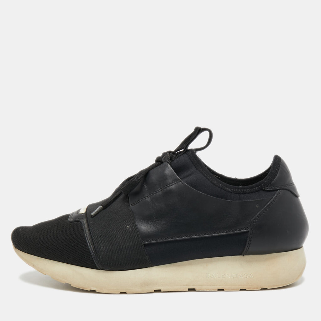 luxury-women-balenciaga-used-shoes-p758779-001 Balenciaga Black Leather and Mesh Race Runner Sneakers Size 39