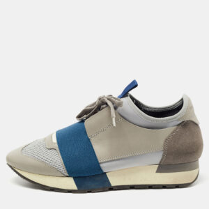 Balenciaga Grey/Blue Mesh and Leather Race Runner Sneakers Size 37