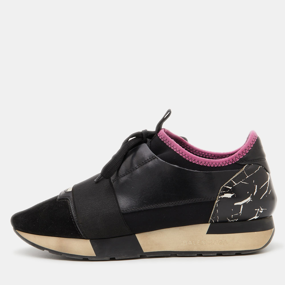 luxury-women-balenciaga-used-shoes-p798237-001 Balenciaga Black Leather, Fabric and Suede Race Runner Sneakers Size 38