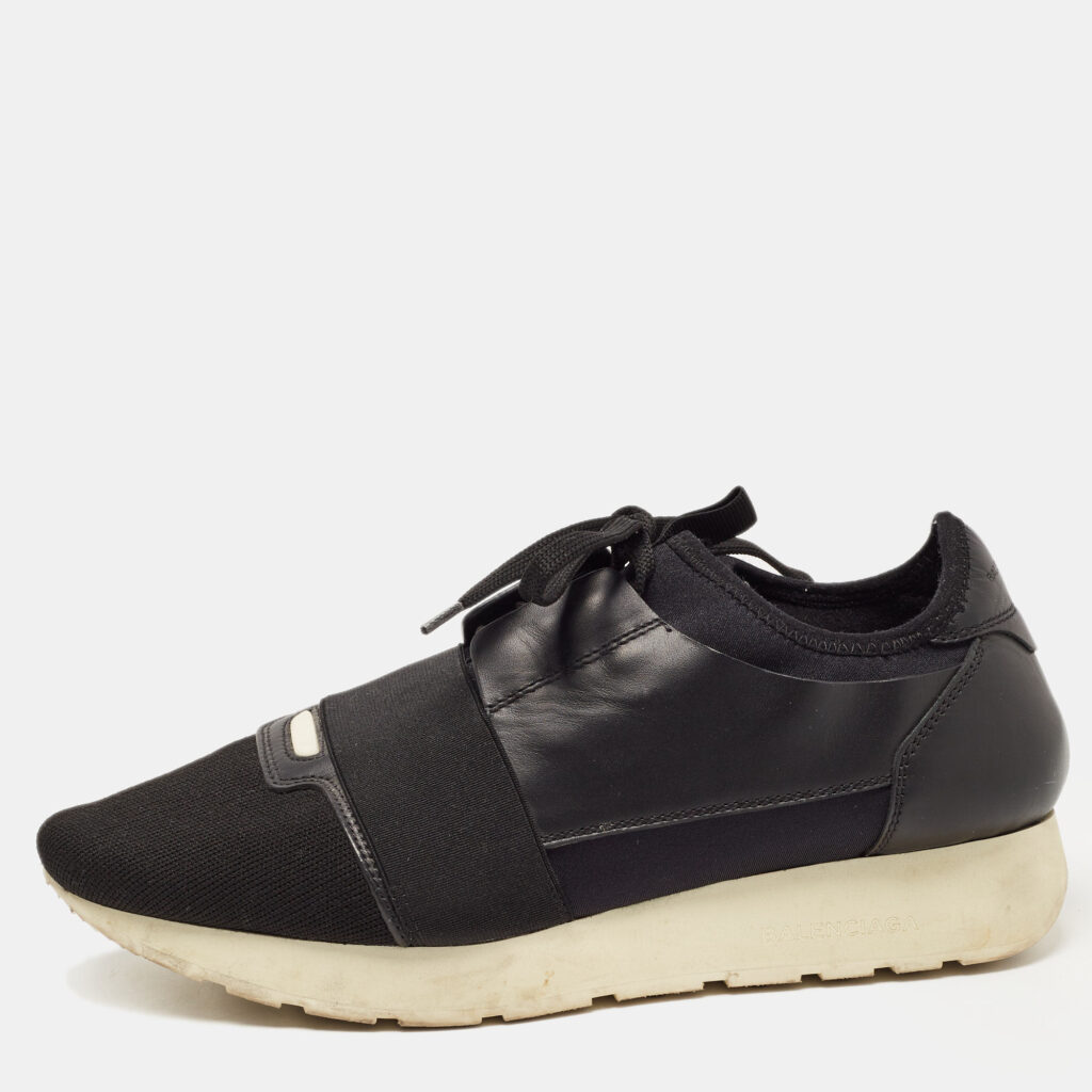 luxury-women-balenciaga-used-shoes-p800136-001 Balenciaga Black Leather and Mesh Race Runner Sneakers Size 39