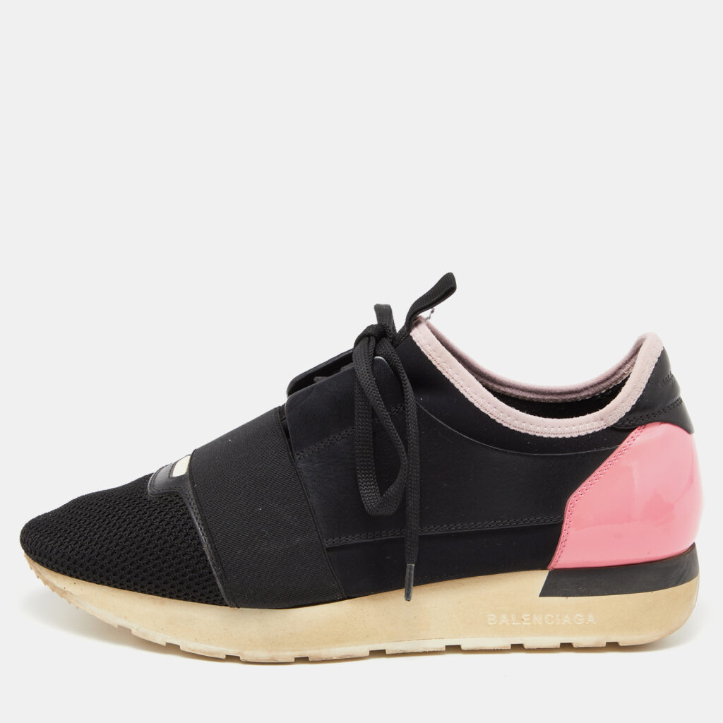 luxury-women-balenciaga-used-shoes-p801586-004 Balenciaga Black Leather and Mesh Race Runner Low Top Sneakers Size 39