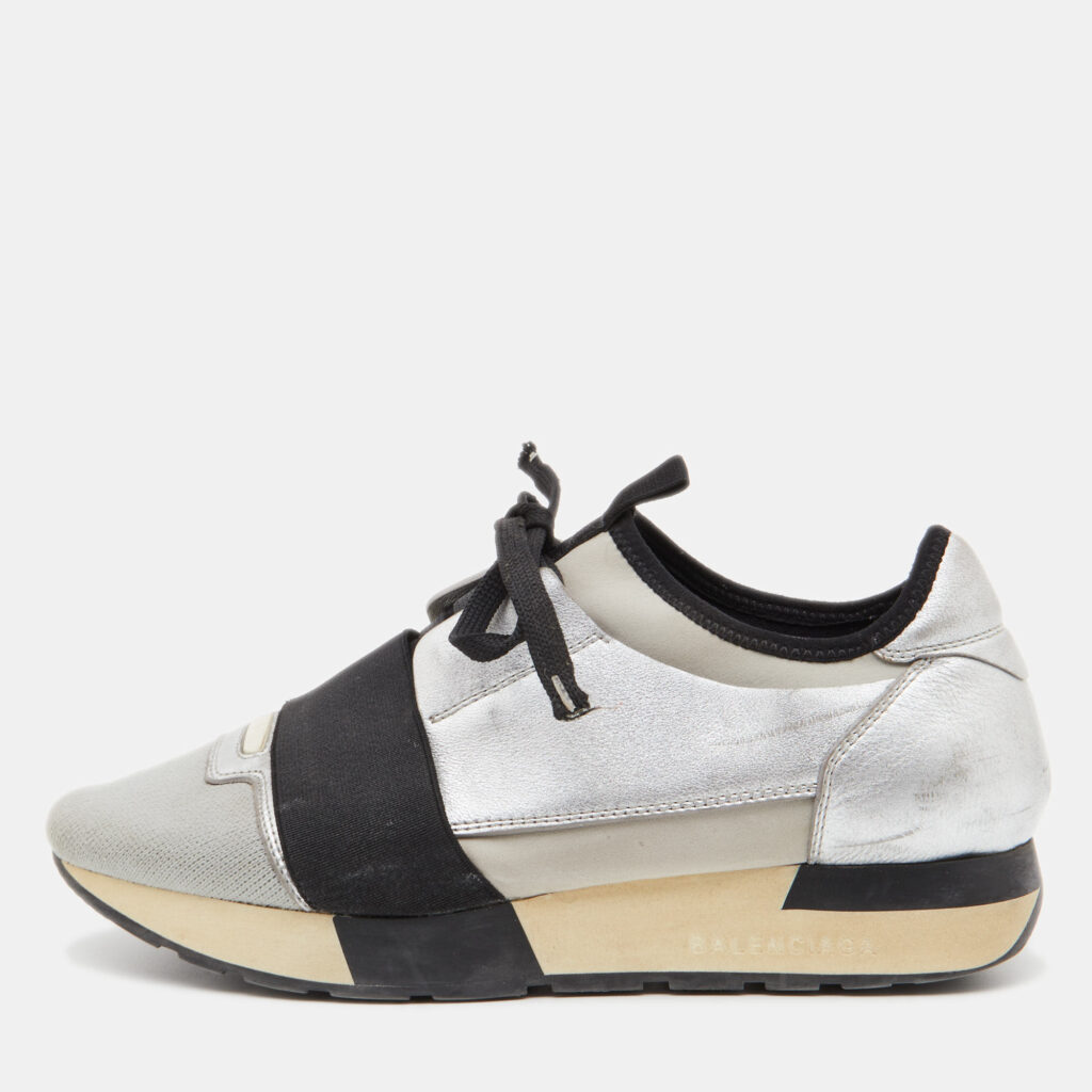 luxury-women-balenciaga-used-shoes-p805100-001 Balenciaga Grey/Silver Leather and Fabric Race Runner Sneakers Size 37