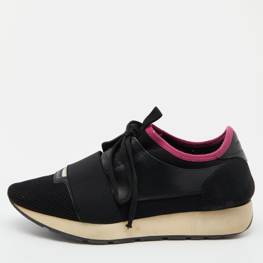 luxury-women-balenciaga-used-shoes-p805714-002 Balenciaga Black Leather and Mesh Race Runner Sneakers Size 39
