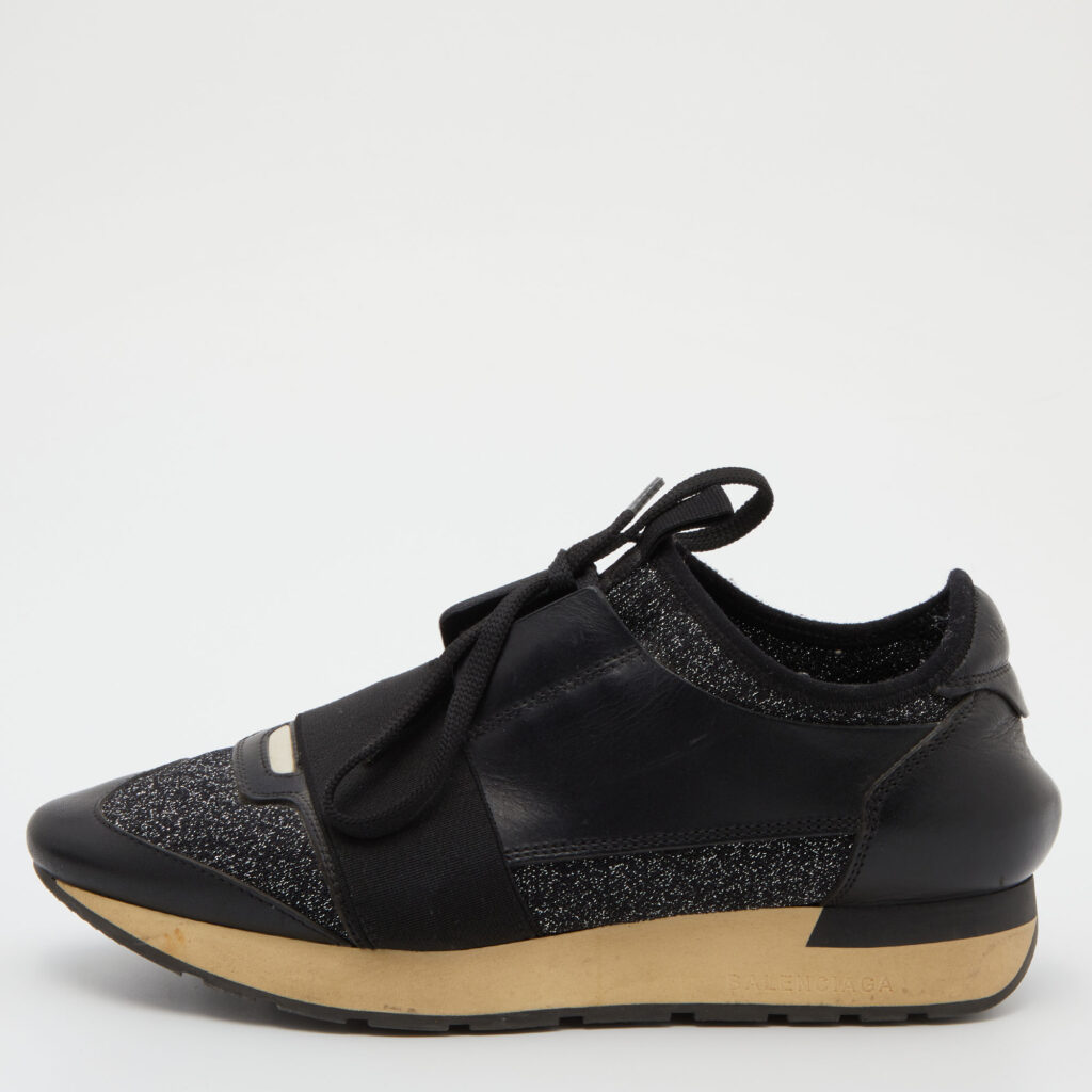 luxury-women-balenciaga-used-shoes-p809554-002 Balenciaga Black Leather and Glitter Fabric Race Runner Sneakers Size 38