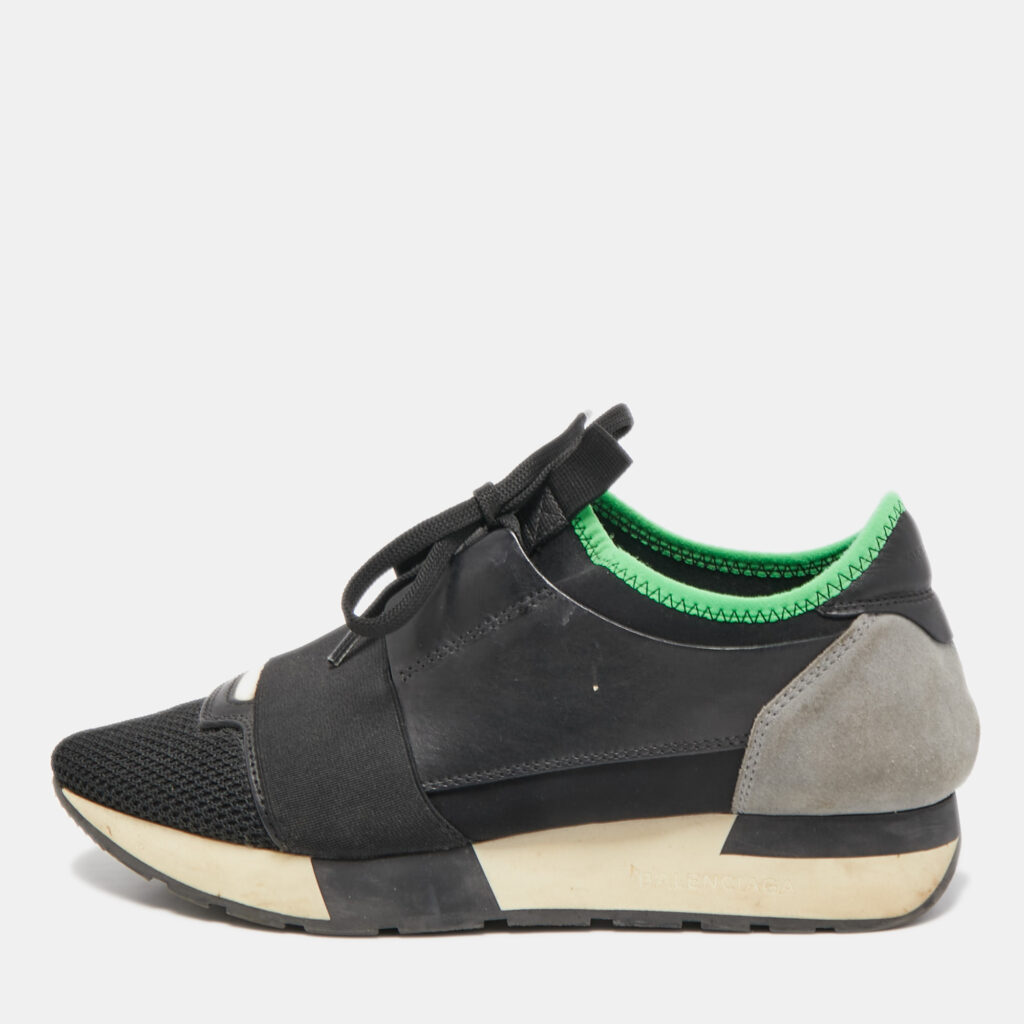 luxury-women-balenciaga-used-shoes-p820247-001 Balenciaga Black Leather and Mesh Race Runner Sneakers Size 37