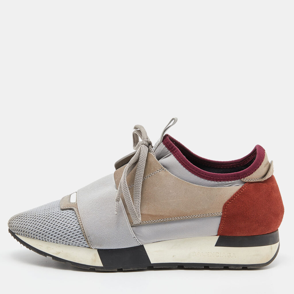 luxury-women-balenciaga-used-shoes-p830044-010 Balenciaga Tri Color Leather, Suede nd Mesh Race Runner Low Top Sneakers Size 38