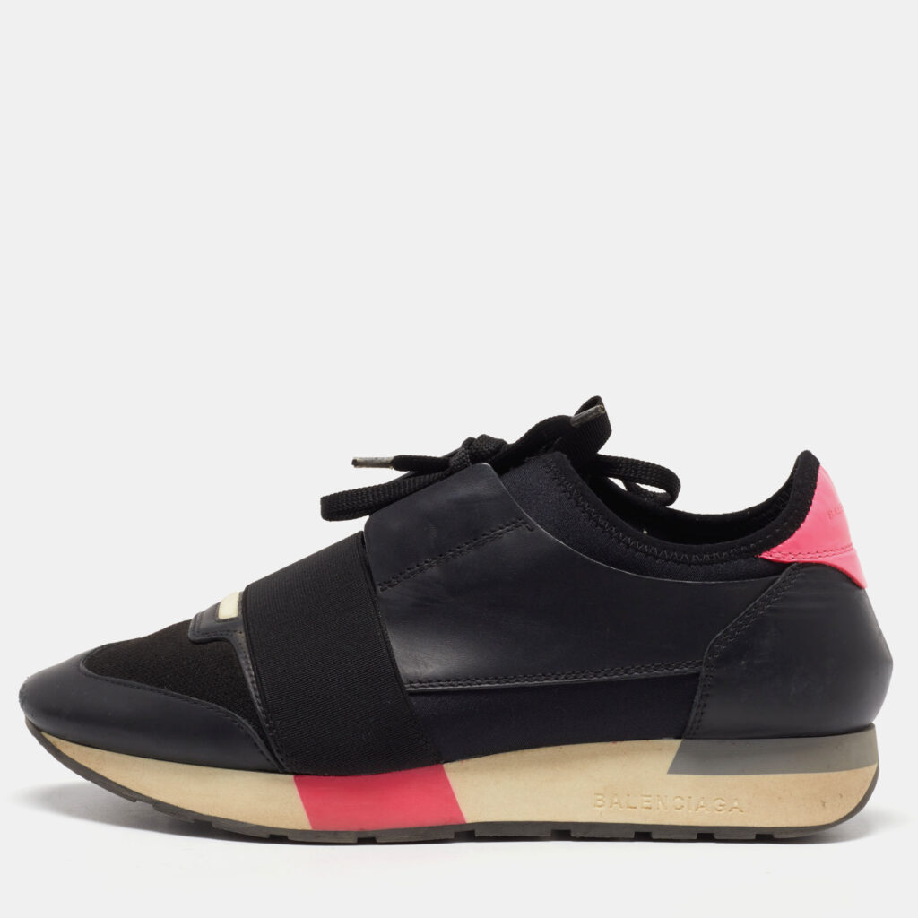 luxury-women-balenciaga-used-shoes-p832723-010 Balenciaga Black/Pink Leather and Fabric Race Runner Sneakers Size 38