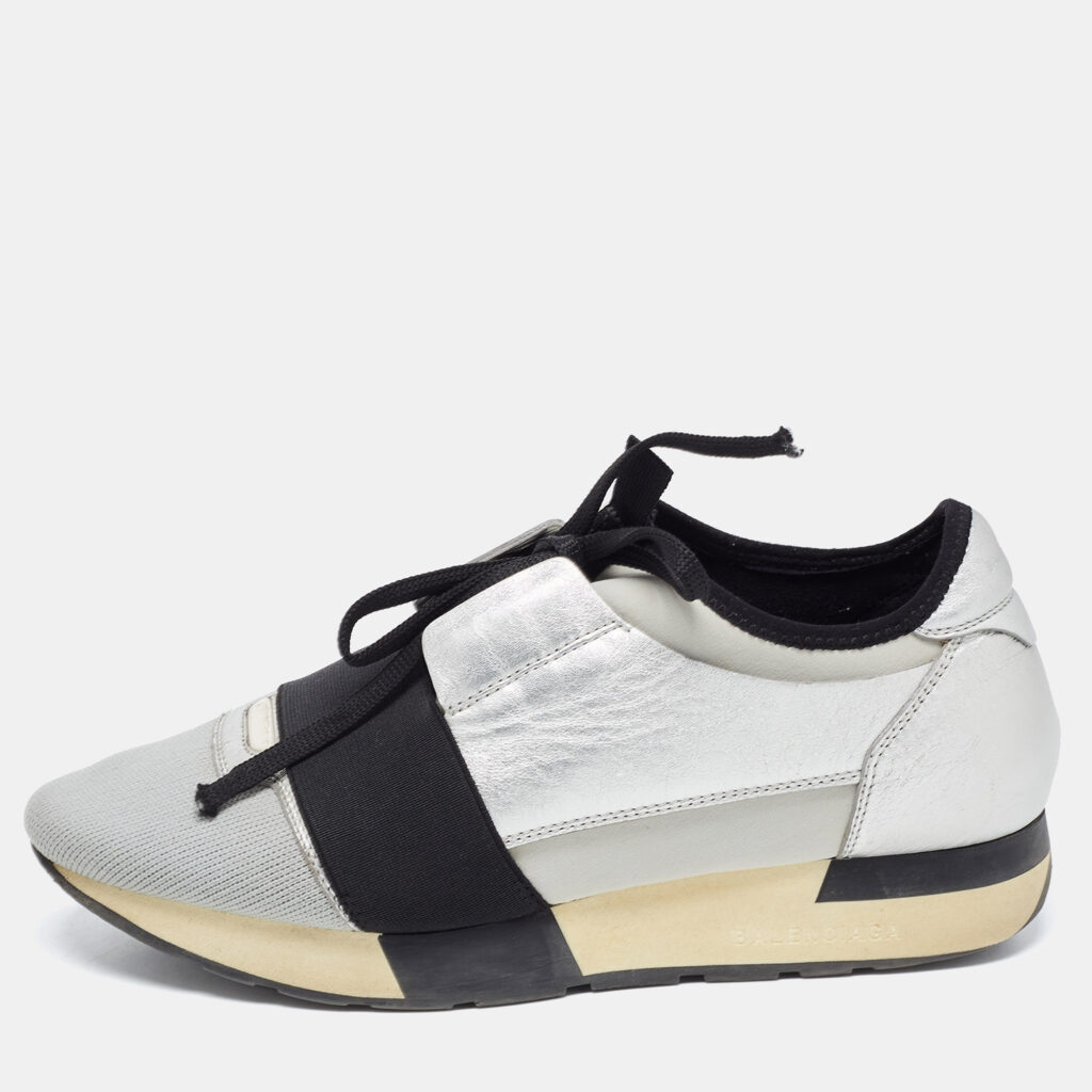 luxury-women-balenciaga-used-shoes-p836818-004 Balenciaga Grey/Silver Leather and Knit Fabric Race Runner Sneakers Size 38
