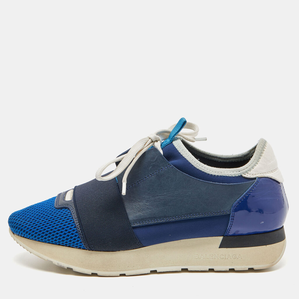luxury-women-balenciaga-used-shoes-p839021-003 Balenciaga Blue/White Patent,Mesh and Leather Race Runner Sneakers Size 36
