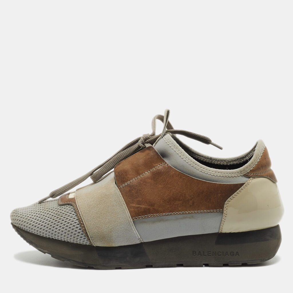 luxury-women-balenciaga-used-shoes-p848502-001 Balenciaga Grey/Brown Leather and Mesh Race Runner Sneakers Size 37