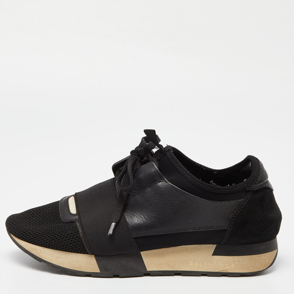 luxury-women-balenciaga-used-shoes-p861074-002 Balenciaga Black Leather, Mesh and Suede Race Runner Sneakers Size 39