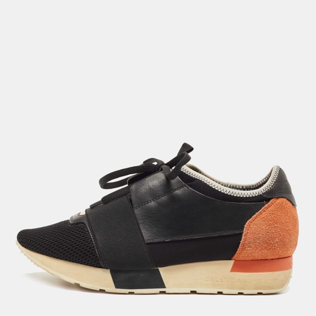 luxury-women-balenciaga-used-shoes-p863651-003 Balenciaga Black/Yellow Leather and Mesh Race Runner Sneakers Size 37