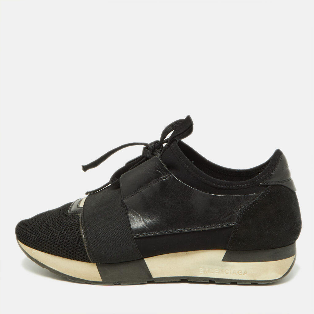 Balenciaga Black Leather,Suede and Mesh Race Runner Sneakers Size 39