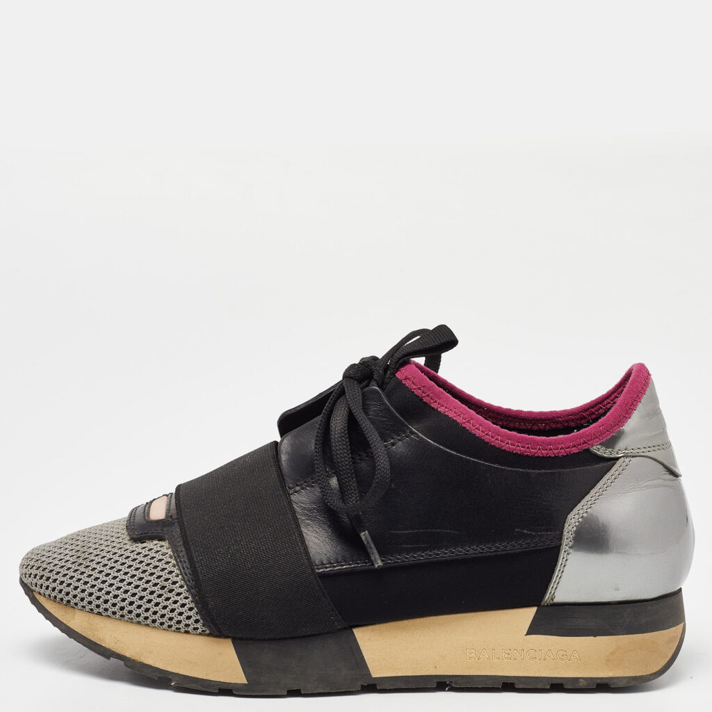 luxury-women-balenciaga-used-shoes-p918527-009 Balenciaga Black Leather and Mesh Race Runner Low Top Sneakers Size 36