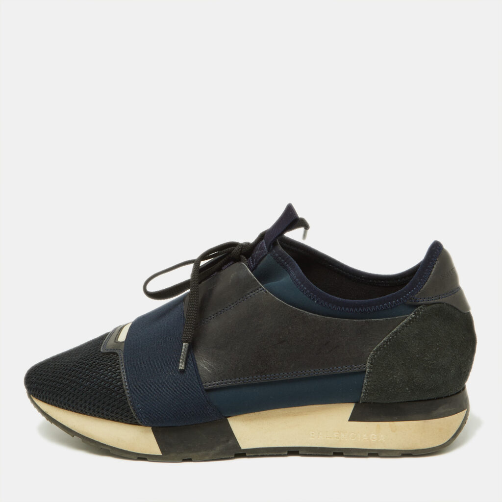 luxury-women-balenciaga-used-shoes-p926352-009 Balenciaga Black/Navy Blue Leather, Mesh and Suede Race Runner Sneakers Size 39