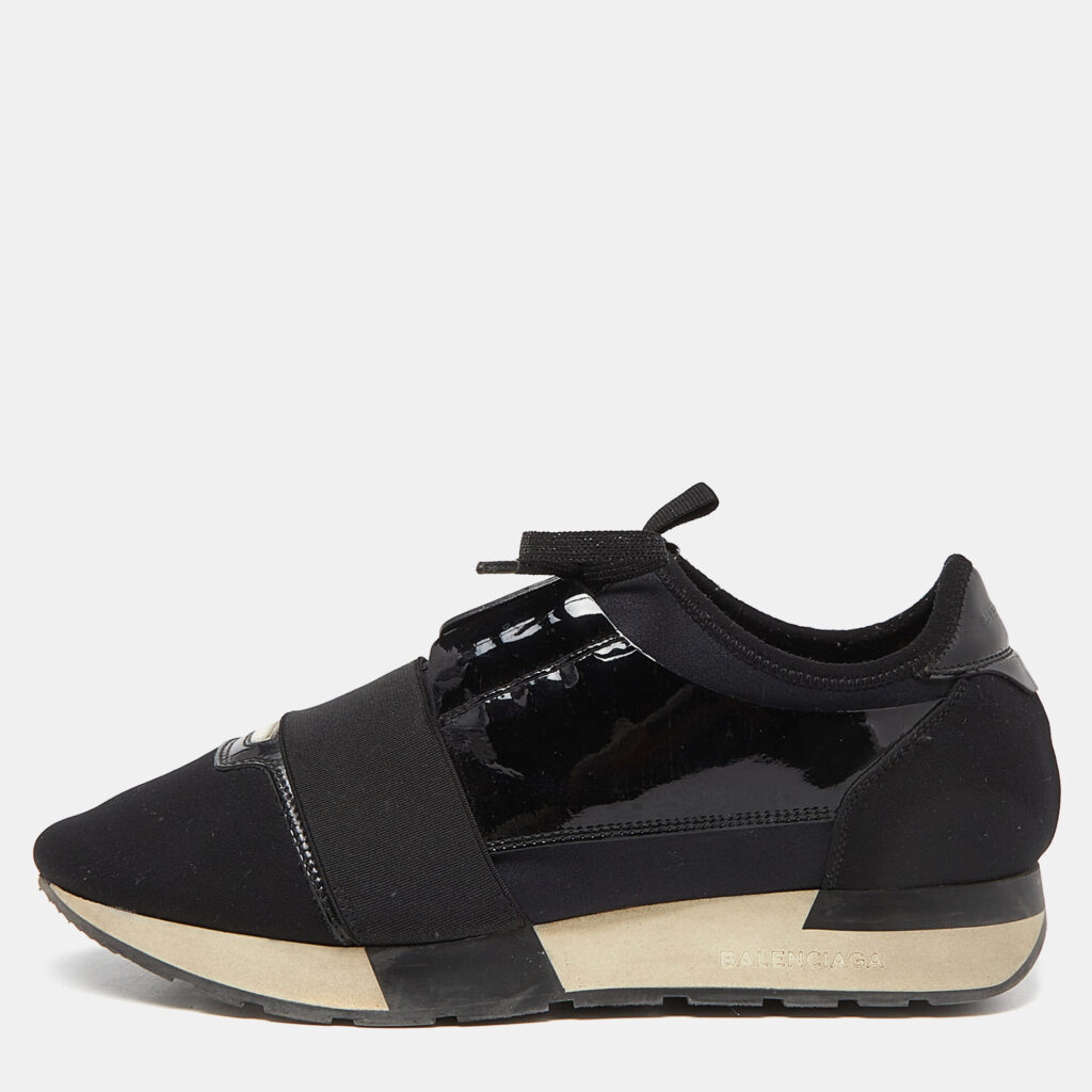 luxury-women-balenciaga-used-shoes-p934829-006 Balenciaga Black Patent And Fabric Race Runner Sneakers Size 39